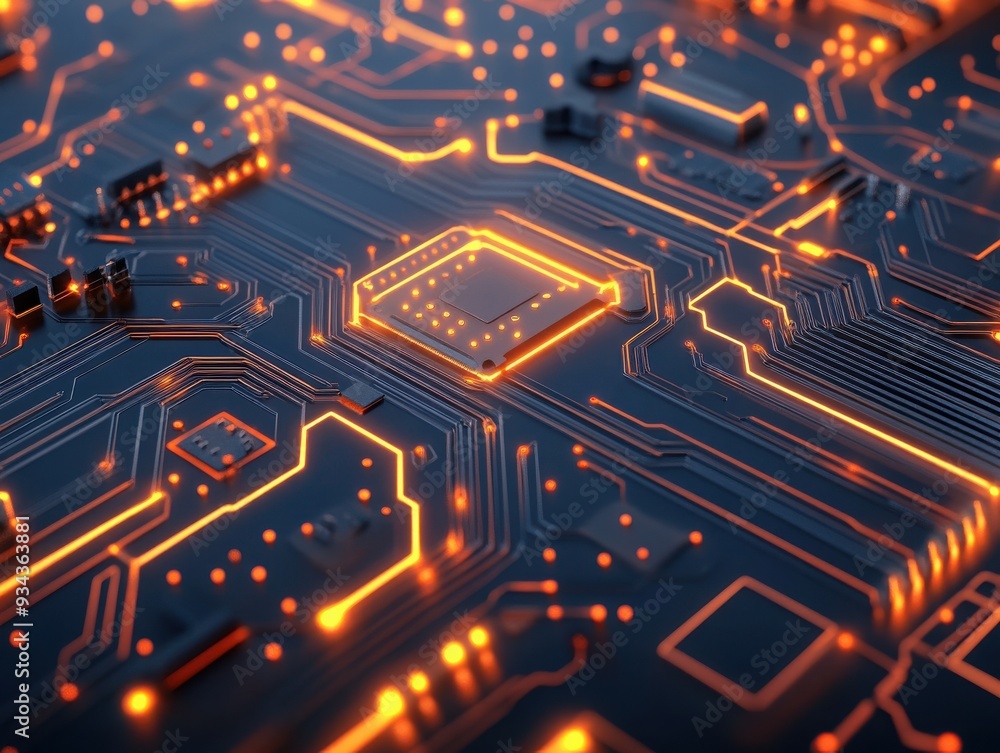 Poster close-up view of a futuristic circuit board illuminated by vibrant orange lights, showcasing intrica
