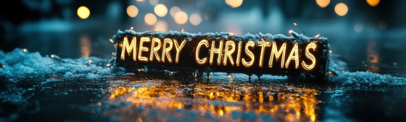 Merry christmas sign with lights on it in the snow, christmas background, banner