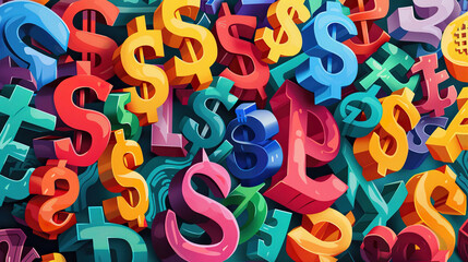 International money colorful currency banking business investment dollar, euro, yen, pound, ruble on 3d finance exchange cash economy world foreign global 