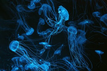 Naklejka premium Group of Atlantic sea nettle, Chrysaora quinquecirrha, East Cost sea nettle jellyfish, floating in illuminated aquarium with neon light. Theriology, biodiversity, undersea life, aquatic organism