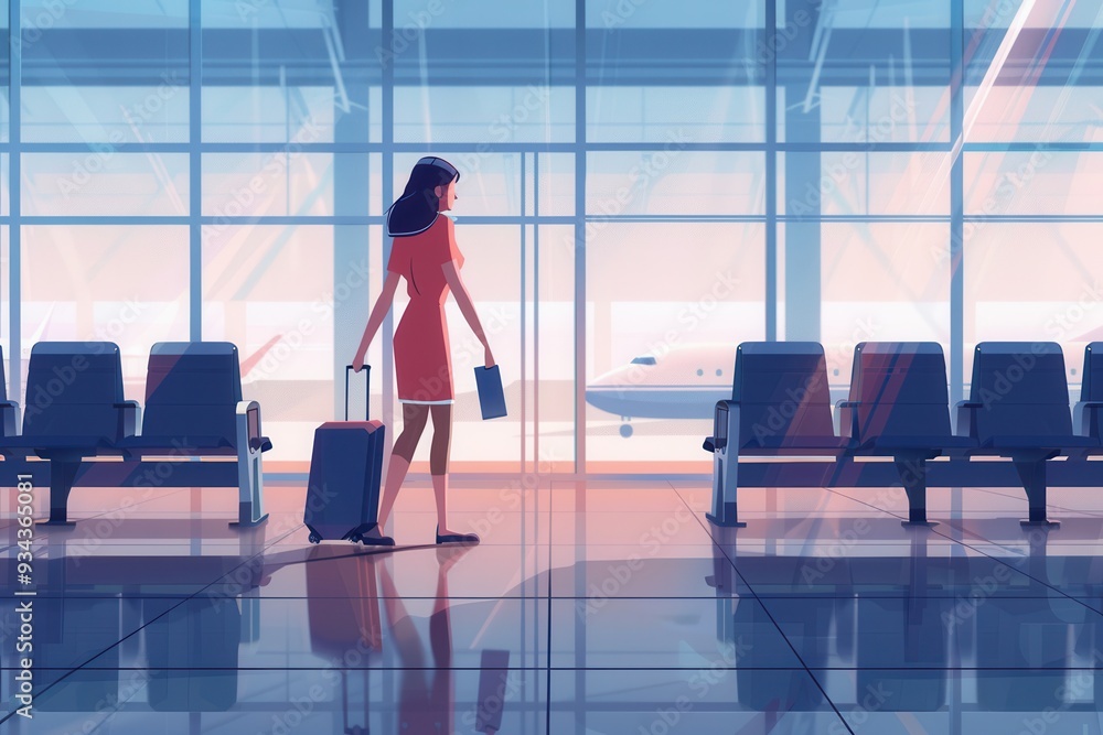 Poster a flight attendant stands with her suitcase near the gate, looking out at the aircraft with anticipa