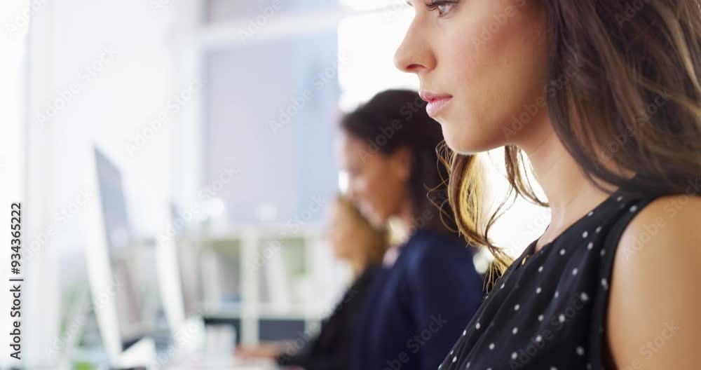 Poster face, laughing or happy woman typing on computer in office for tech research or startup project onli