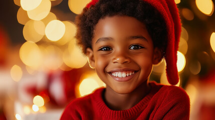 dark skinned boy with red christmas hat and pullover with fairy lights bokeh at christmas time
