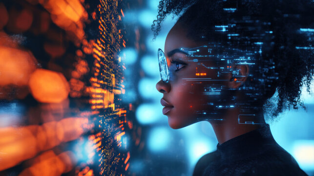 Digital cybersecurity analysis, African American woman IT professional reviewing data in information technology, augmented reality AI interface, side view, blank space