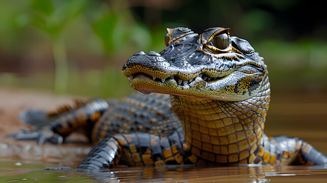 Amazon Caiman Yacare resting by the water edge, its eyes watching the surroundings