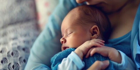 Mother holding her newborn son in a cradled position, optimal breastfeeding posture for comfort and connection.