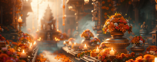 Hindu temple adorned with orange flowers, burning candles, deity statues in warm light, blurred background. Festive atmosphere of indian new year Navreh. Banner with copy space. Religious celebration