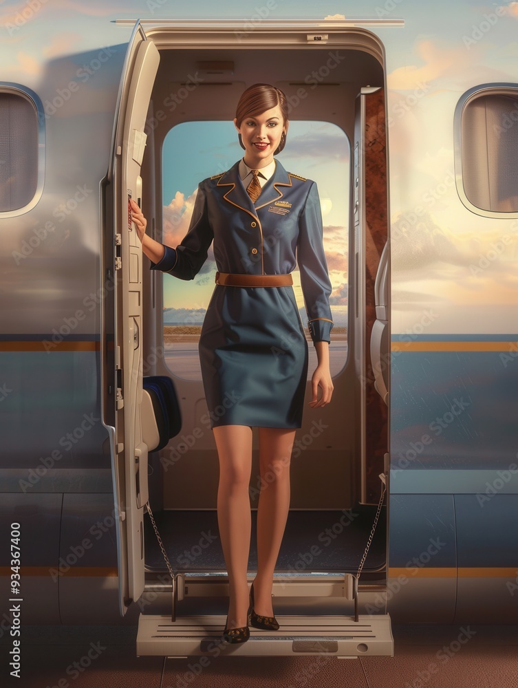 Poster a flight attendant stands at the open door of a private jet, smiling warmly as passengers prepare to