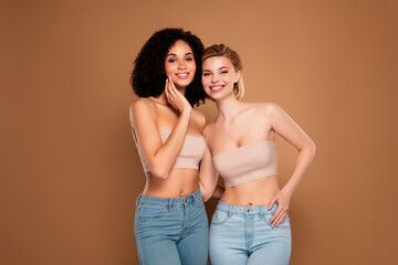 Photo of pretty attractive ladies underwear top hugging enjoying all beautiful bodies isolated...
