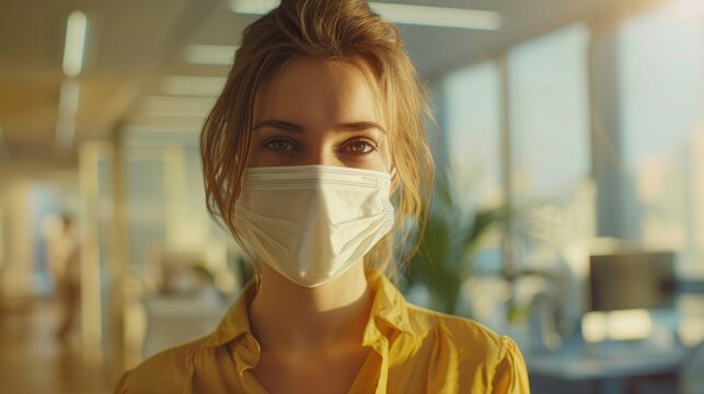Young woman utilizing a medical mask in a professional environment, focusing on safeguarding staff health in the office, female front desk worker operating indoors, implementing social distancing