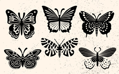 Black and white butterfly set in boho style. Mystical celestial moths. Vintage style. Magic flying butterfly. Vector clipart. Esoteric hand-drawn elements for textile design, and decoration.