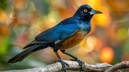 Amazon Carib Grackle perched on a branch, its distinctive plumage