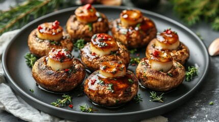 Grilled portobello mushrooms garnished with herbs on a rustic plate