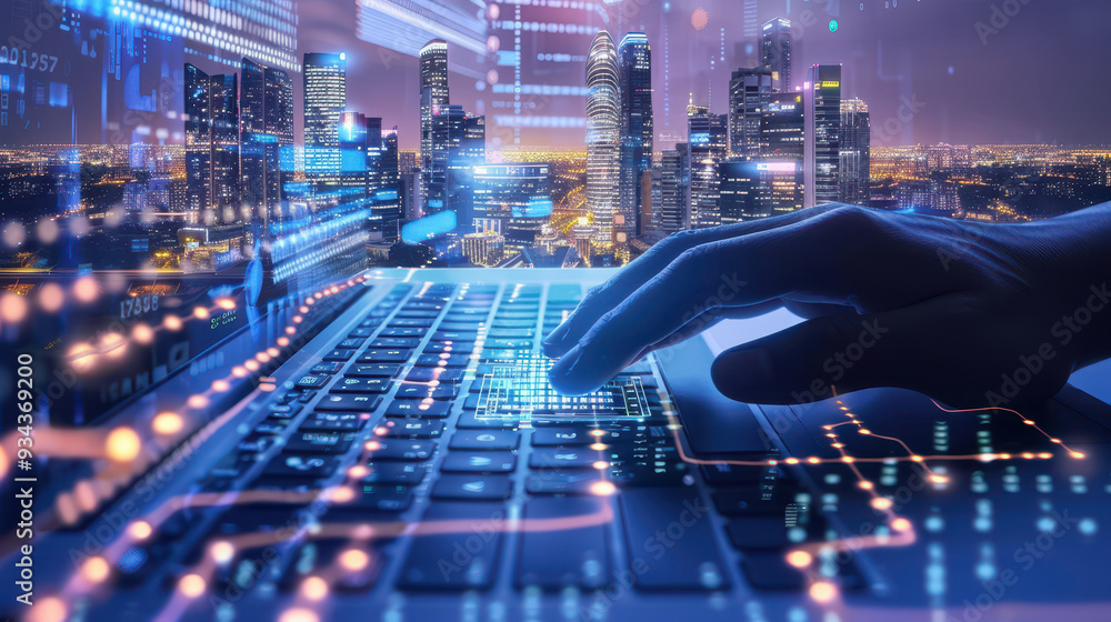 Poster futuristic software development for iot in a smart city at night highlighting hands-on coding and ur