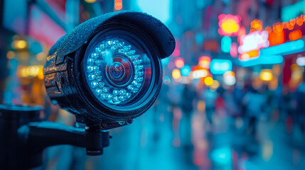 Surveillance Camera Monitoring Bustling City Street at Night for Anti-Theft Security