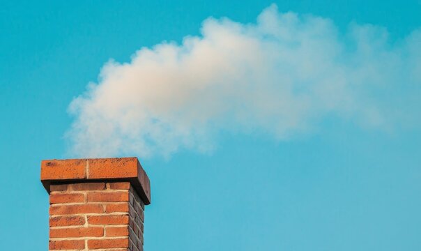 Smoke gently rises from a chimney, curling into the sky against a soft, cloudy backdrop. The rustic brick structure contrasts with the delicate movement of the smoke, creating a calm, cozy scene.
