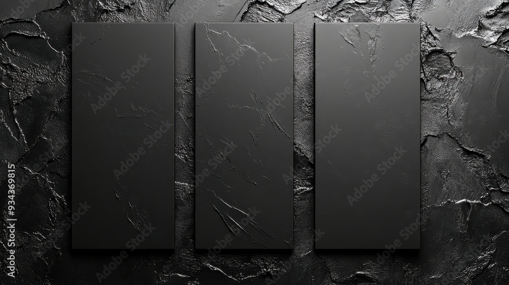 Poster minimalistic black branding template with trio of textured panels and copyspace for elegant design