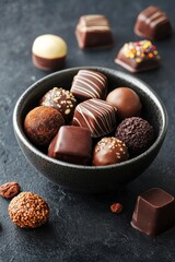Assorted chocolates in a decorative bowl on a dark kitchen countertop