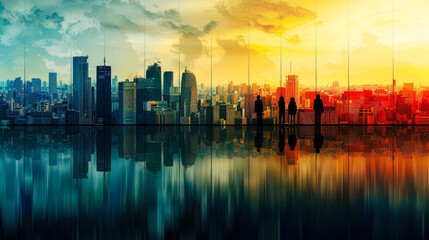 Fototapeta premium Business Professionals Overlooking Cityscape from High Rise Building at Sunset, Modern Urban Office, Corporate Reflection, Vibrant Skyline, Professional Meeting, Evening Ambiance