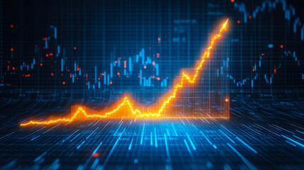 Bright Financial Growth Graph with Rising Arrow on Dark Blue Background - Concept of Stock Market Investment and Trading in 3D Render