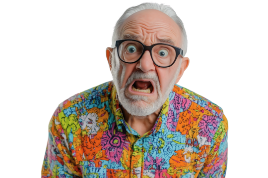 portrait of a angry grandpa wearing colorful patterned shirt isolated on transparent background