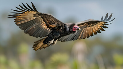 Obraz premium Amazon Cayenne Red-headed Vulture soaring high in the sky, its wings spread wide