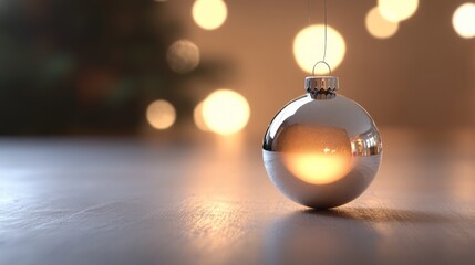 Fototapeta premium A silver Christmas ornament is sitting on a table
