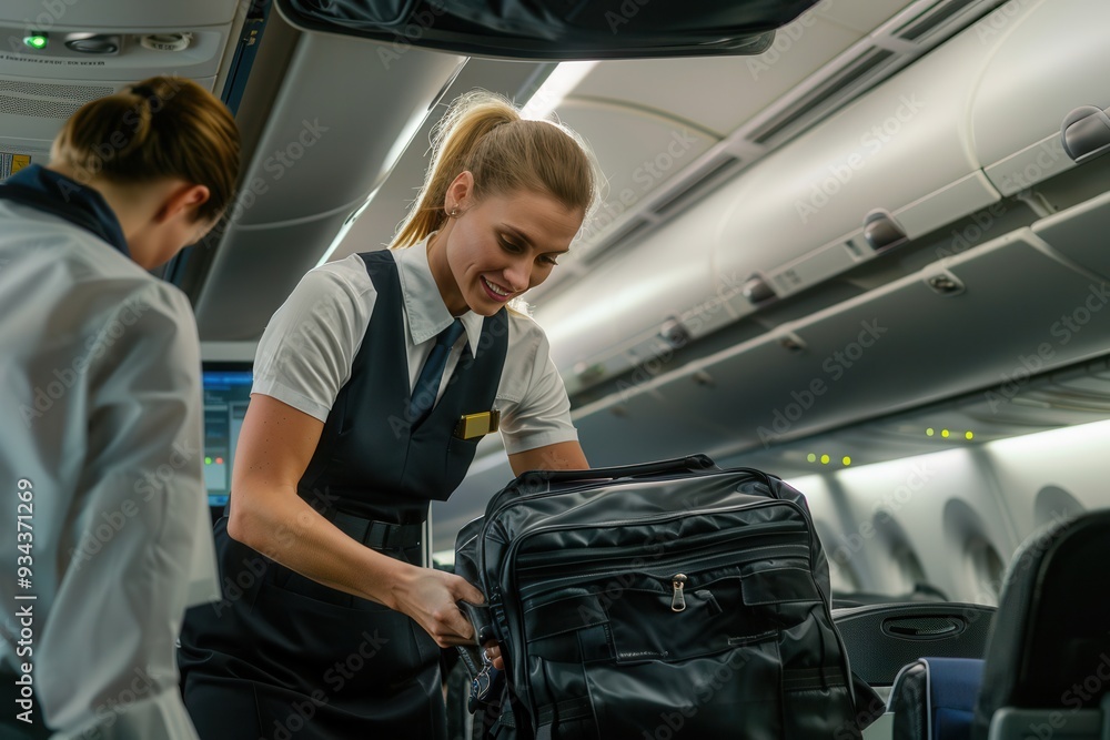 Poster a flight attendant organizes her bag while helping passengers settle in for an afternoon flight on a