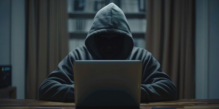 Hacker capturing personal data from computer displays for identity theft or financial fraud.
