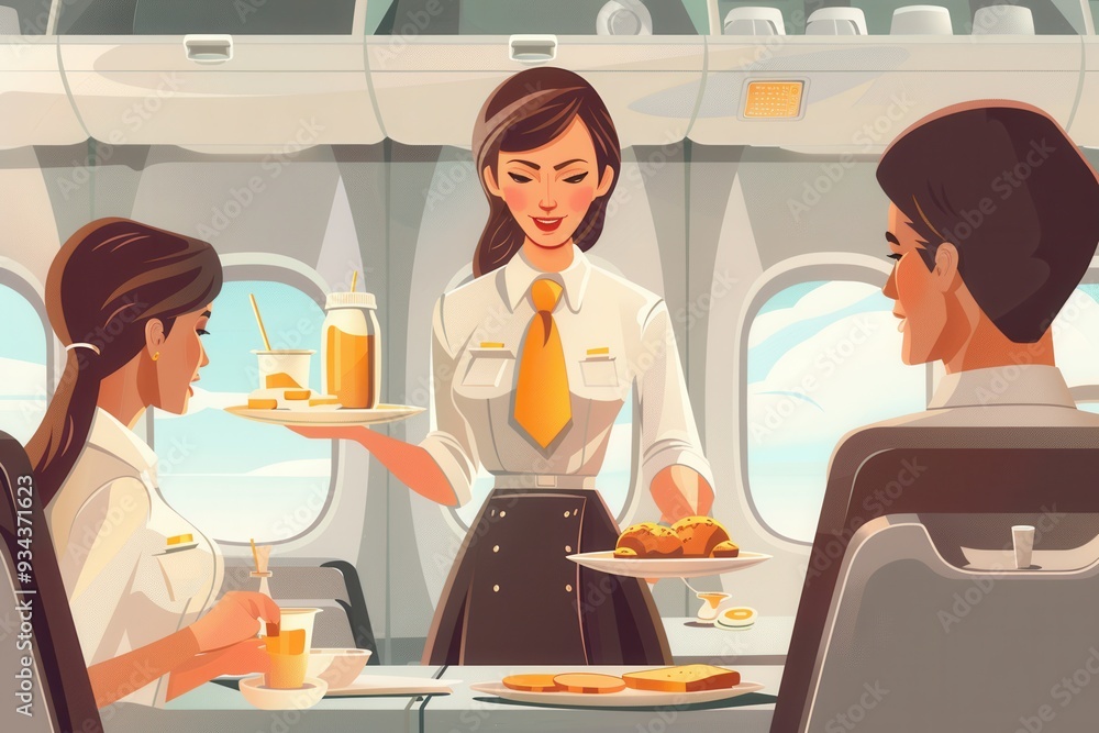 Poster a flight attendant cheerfully serves a delicious meal to two passengers enjoying their in-flight din