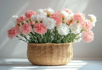 Fresh pink and white carnations in a woven basket on a sunlit windowsill