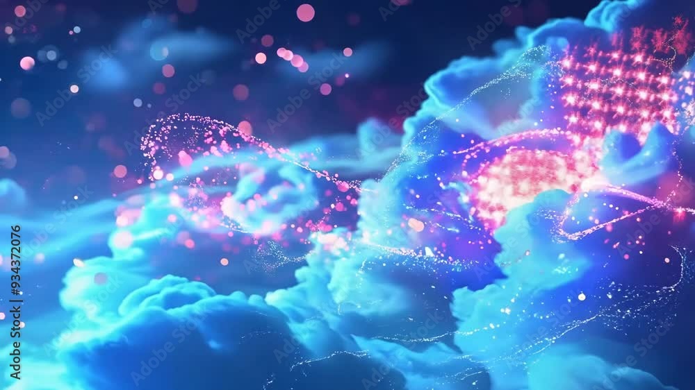 Poster futuristic abstract 3d red and blue flowing wave made of dots on black background. digital data stru