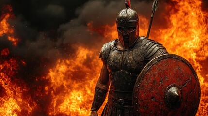 Ultra-realistic Spartan warrior, holding shield and spear, cinematic light, daylight.