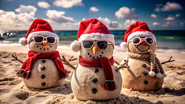 Three sand snowmen wearing Santa hats and sunglasses on a sunny beach, combining Christmas and summer elements in a playful holiday scene. Ideal for holiday cards, Christmas in summer, and beach-theme