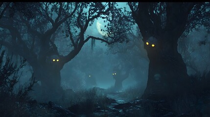 Haunted forest with gnarled trees and glowing eyes under a full moon