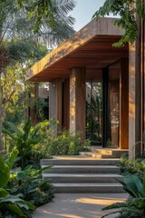 Fototapeta premium Modern architectural entrance surrounded by lush greenery in the afternoon light