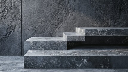 A gray staircase with a gray wall behind it
