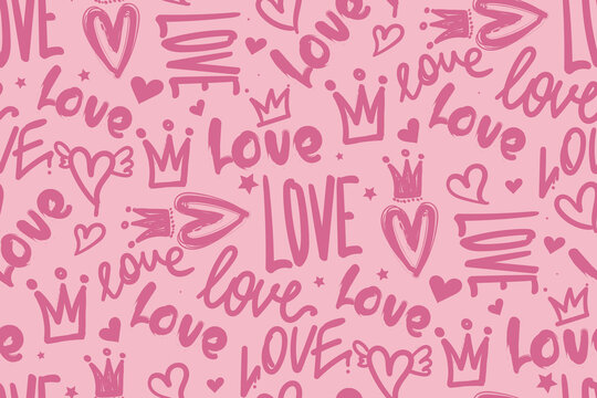 Abstract seamless love pattern with hearts, crown, text Love. Typography ornament Valentine's day. Romantic print.
