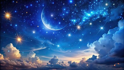 Vibrant stars and constellations sparkle against a deep blue night sky, with a few wispy clouds and a bright crescent moon shining down.