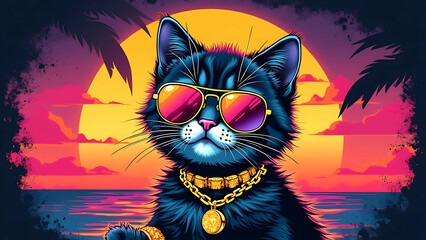 Neon Cat, 80s style t-shirt illustration design