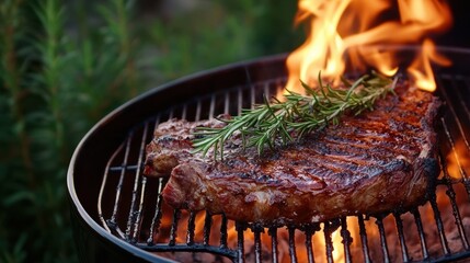 A steak is cooking on a grill with rosemary sprigs, AI