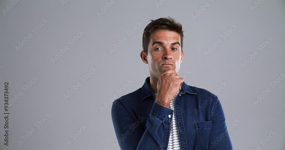 Poster Thinking, inspiration and man with ideas, confused and questions with model on grey studio background. Person, memory or guy with solution, problem solving or planning with insight, remember or doubt
