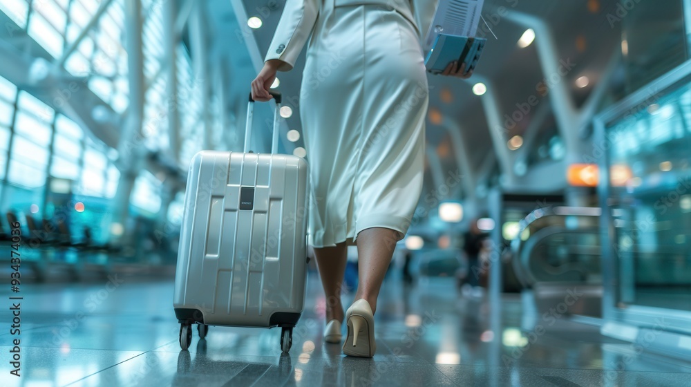 Poster a flight attendant carries her suitcase while walking through a modern airport terminal filled with 