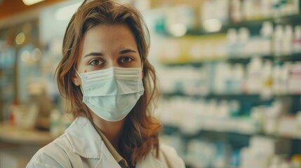 Pharmaceutical professional in a drugstore amid the pandemic Young pharmacist wearing a face mask Healthcare response during the viral outbreak MPharm providing antiviral treatment at a pharmacy