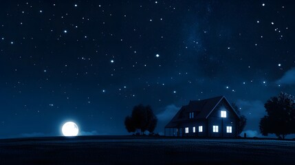 Fototapeta premium A modern house bathed in moonlight stars shimmering in the background AI generated illustration