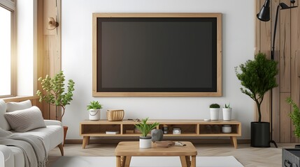 A modern minimalist cinema poster displayed on a wooden frame  AI generated illustration