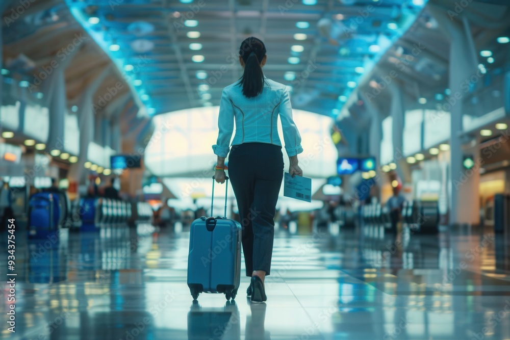 Aufkleber a flight attendant carries her suitcase while navigating a crowded airport terminal filled with trav