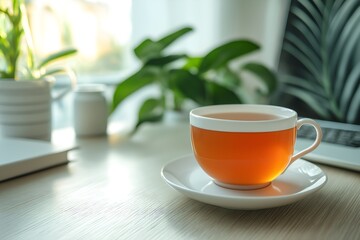 A Remote Worker Achieving A Work-life Balance, With A Tidy Desk, A Cup Of Herbal Tea, And A Serene Background Featuring Calming Art