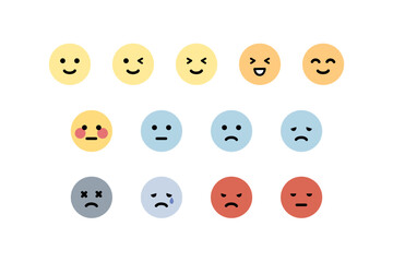 Happy, sad, angry, tired emoji face emoticon set. Round emoji with different mood. Feeling, emotion, facial expression concept. Flat cartoon character vector design isolated illustration.