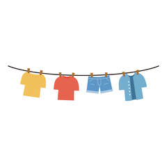 Drying clothes. Hanging rope with shirt and trouser. Domestic, housework, hygiene, laundry concepts. Flat vector design isolated illustration.